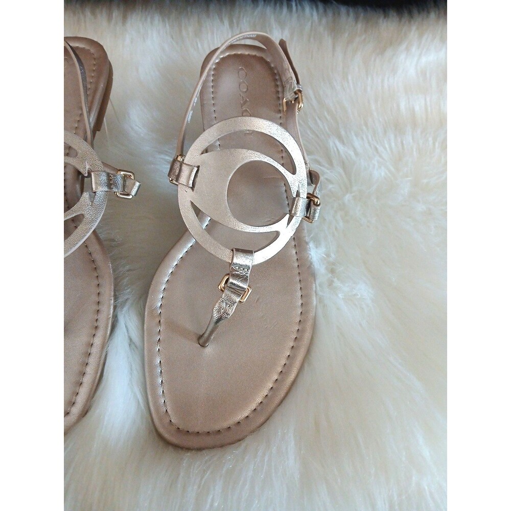 NWOT COACH WOMEN'S 9.5 JERI PATENT LEATHER SOFT METALLIC GOLD LOGO THONG SANDALS - Picture 2 of 10